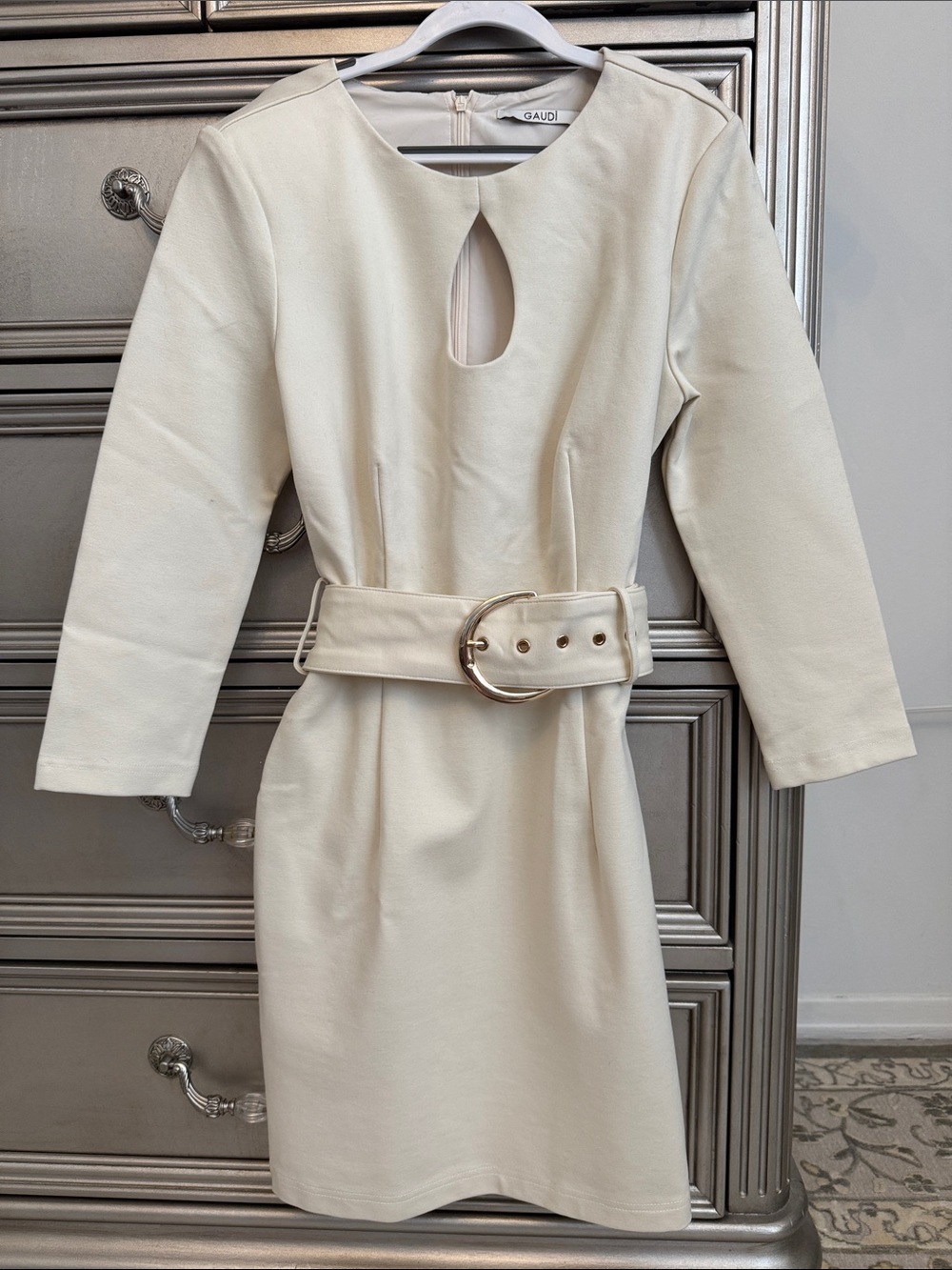 Gaudi' Cream Mini Dress with Gold Buckle Belt